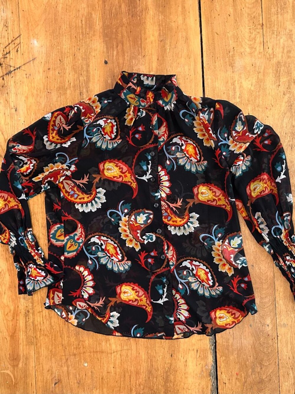 Chico's blouse, black & floral, size S, bright